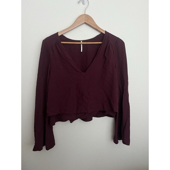 Free People Cropped Top V Neck Burgundy Bell Sleeve Flowy Romantic Valentine L - Picture 1 of 6